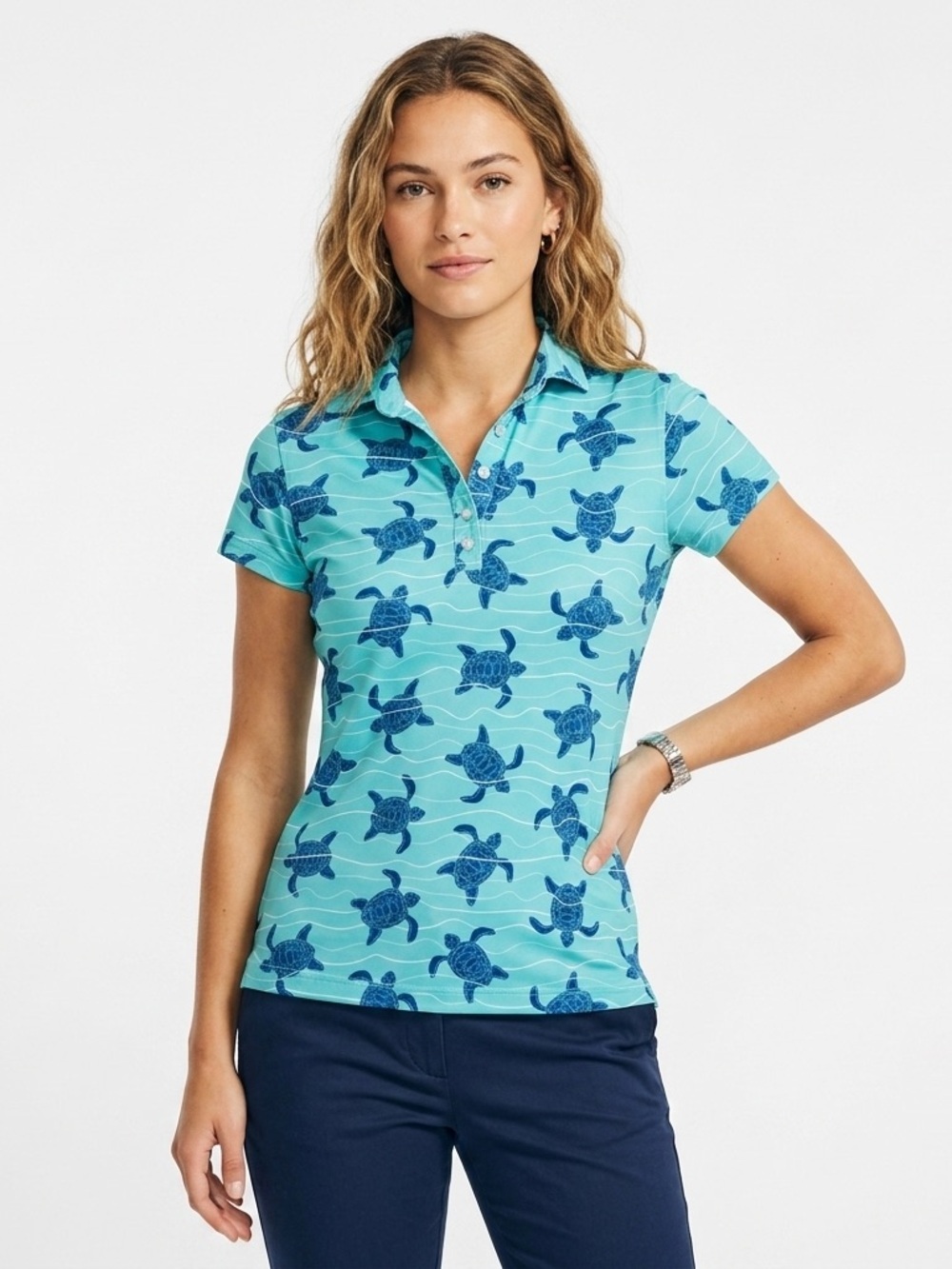 Waggle Golf Polo Shirt Short Sleeve Sea Turtle Print Aqua Blue Women's XS